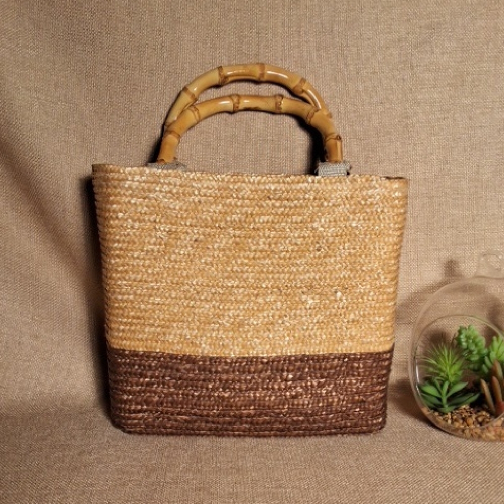 Two-Tone Straw Tote with Bamboo Handles